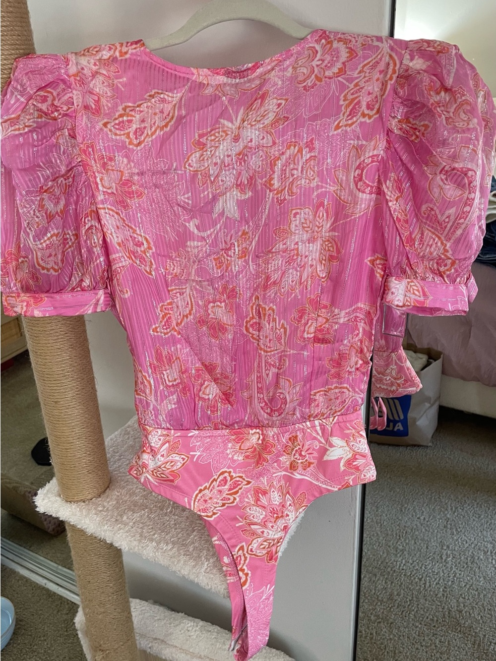 HEMANT & NANDITA Pink Printed V-Neck Puff Sleeve Top - Picture 3 of 4